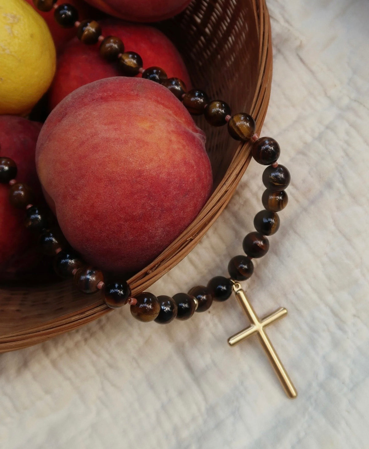 Conley Beaded Cross Necklace- Tigers Eye