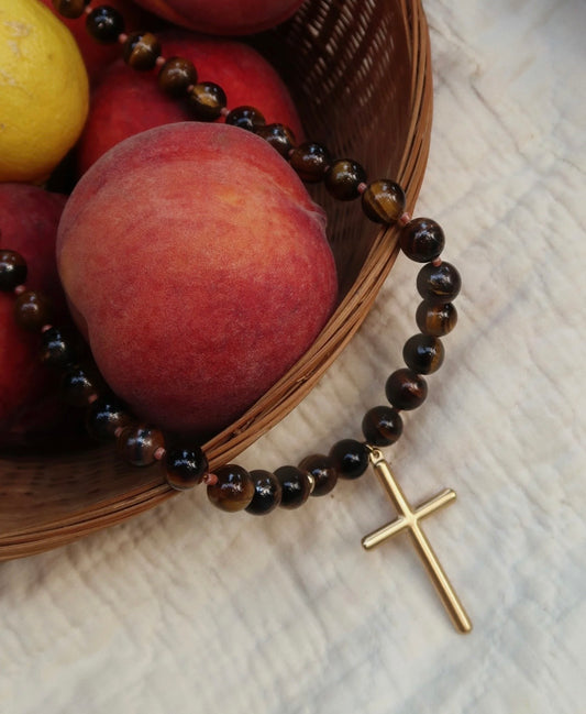 Conley Beaded Cross Necklace- Tigers Eye