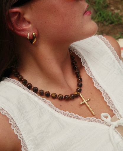 Conley Beaded Cross Necklace- Tigers Eye